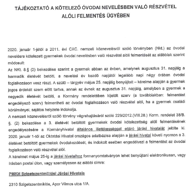 tajekoztato ovi felmentes
